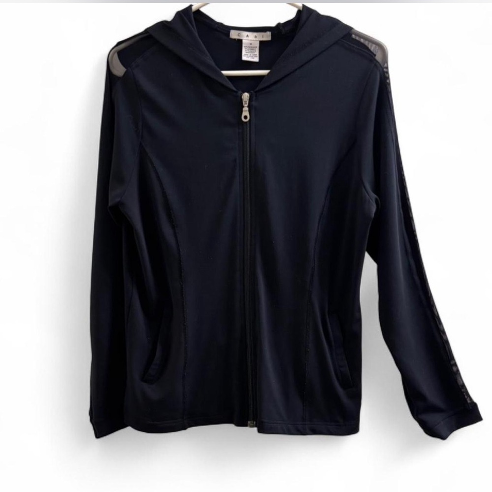 CAbi Navy Hooded Jacket with shear strips down sleeves